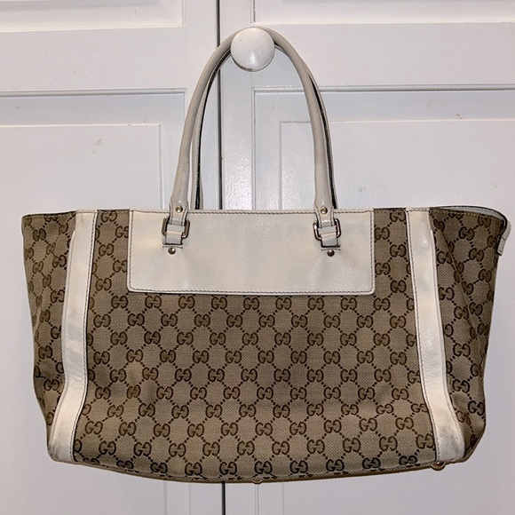 ✨ GUCCI ✨ Authentic GG Canvas White Leather Flower Handbag Satchel Tote - Picture 4 of 16